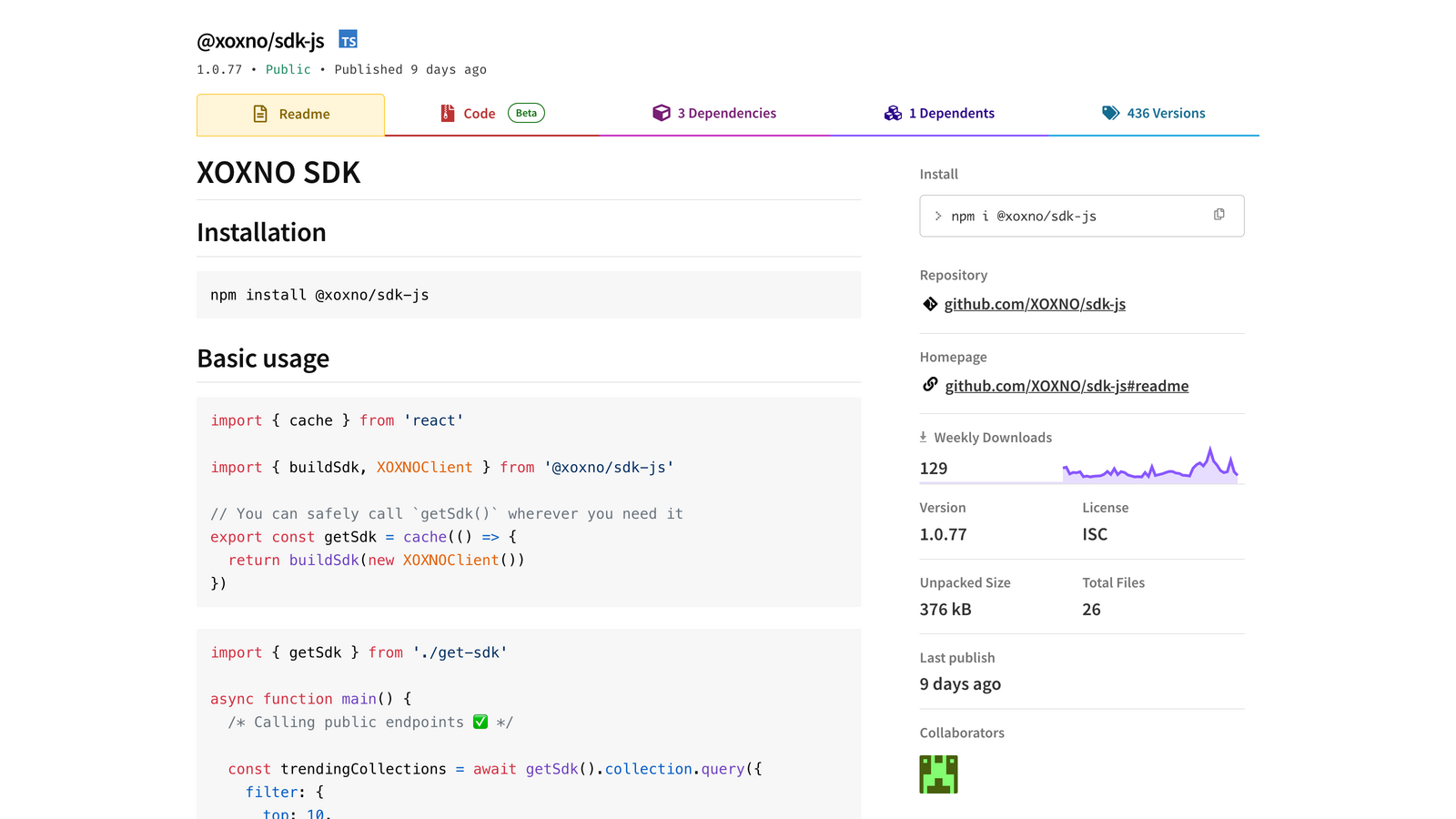 Screenshot of XOXNO SDK